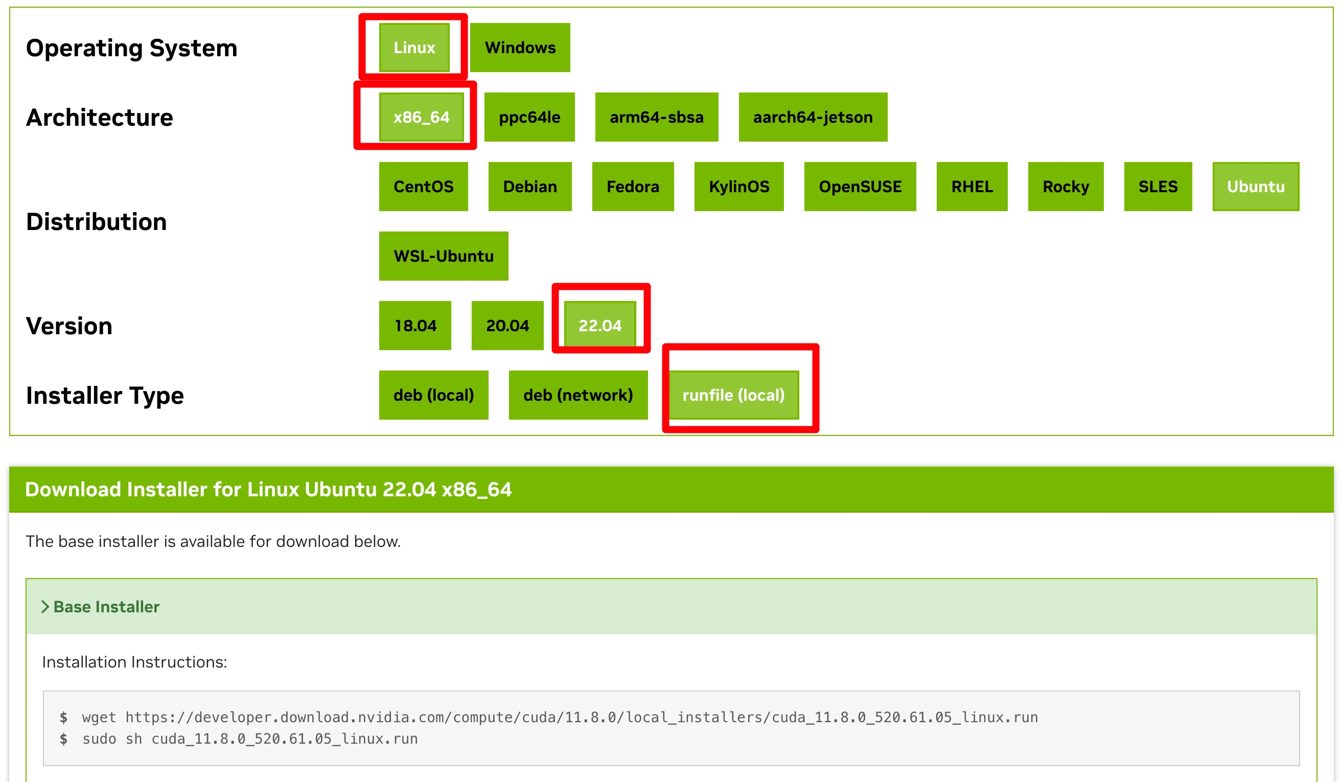 Ubuntu 安装 CUDA:选择 x86_64 与 local run 安装包