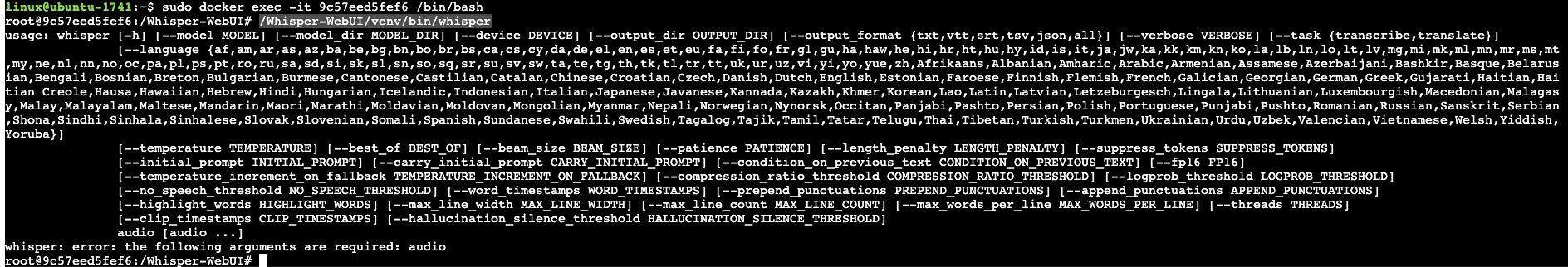 【语音】 Whisper 语音转文本 - Ubuntu：b. 进入Docker容器（步骤 4）