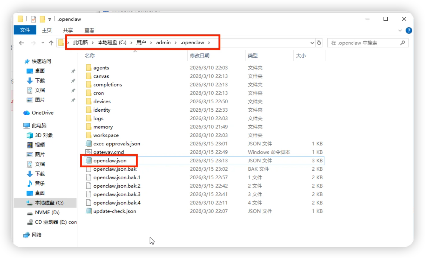 OpenClaw镜像 - Windows：登录你的Windows系统后，打开如下路径的 openclaw.json 文件