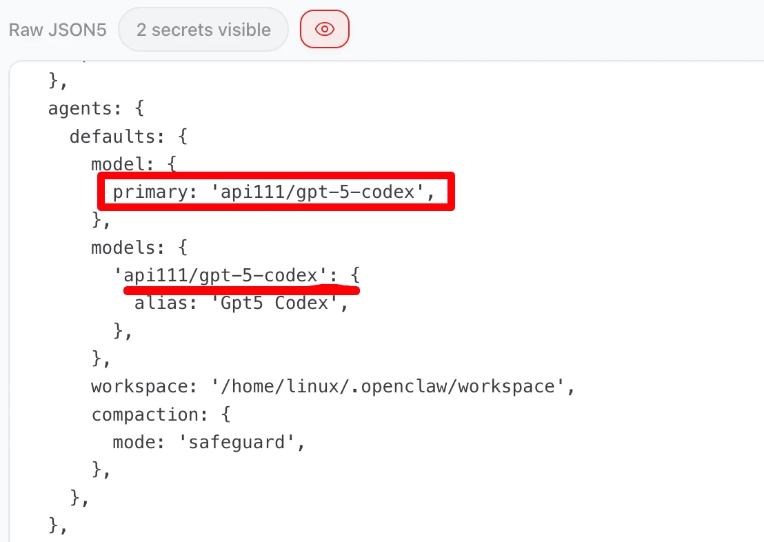 OpenClaw镜像 - Windows：agents.defaults.model.primary 配置，如下图