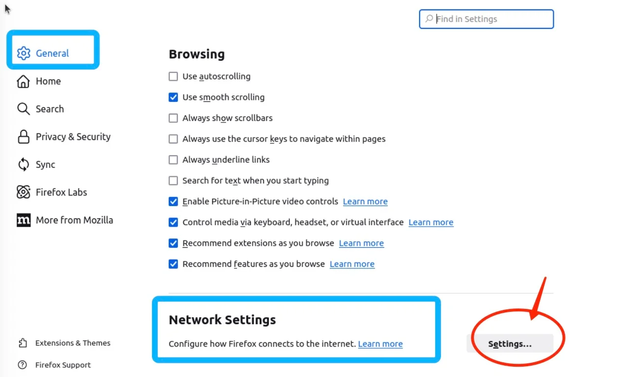 学术资源加速：在Settings 界面General下滑到最底部，点击Network Settings ，如下图