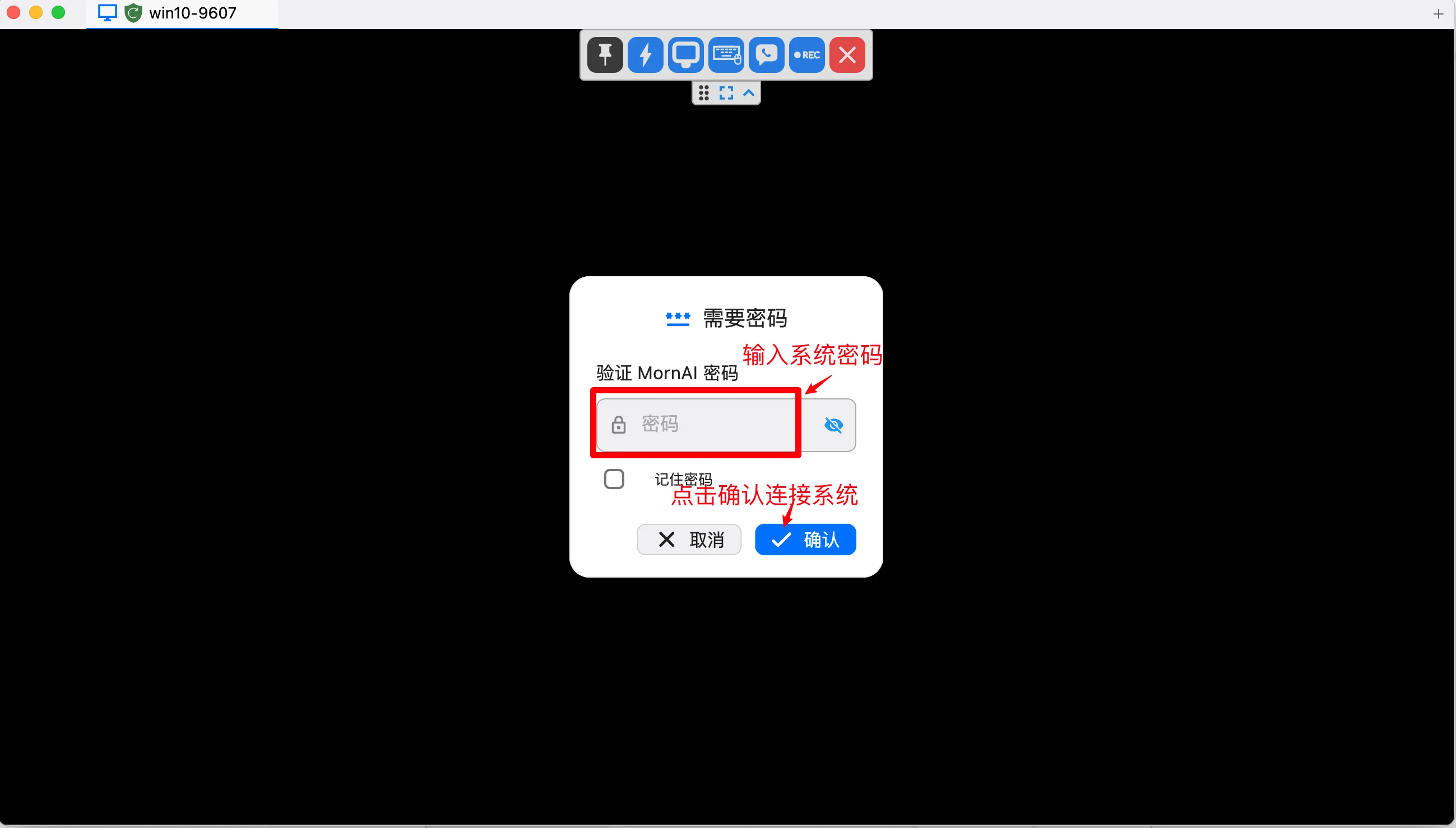 RustDesk远程连接：打开客户端之后，输入密码即可连接进入系统，如下图所示（步骤 13）
