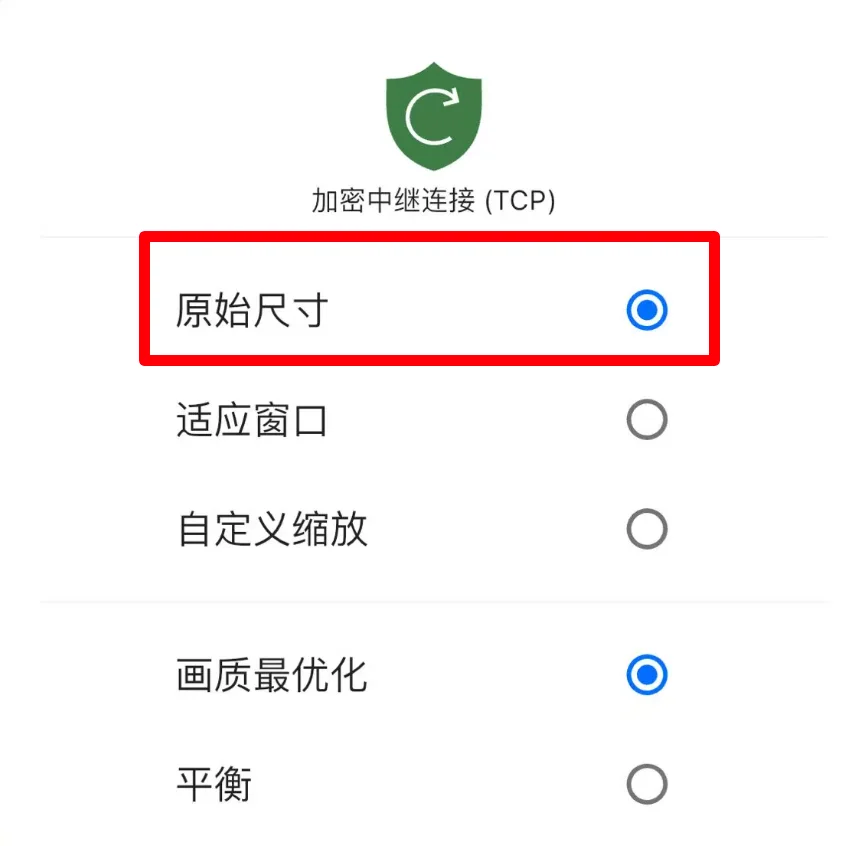 RustDesk远程手机端设置：窗口画质建议设置为原始尺寸，比较好控制；默认设置是适应窗口，不好关闭应用（步骤 7）