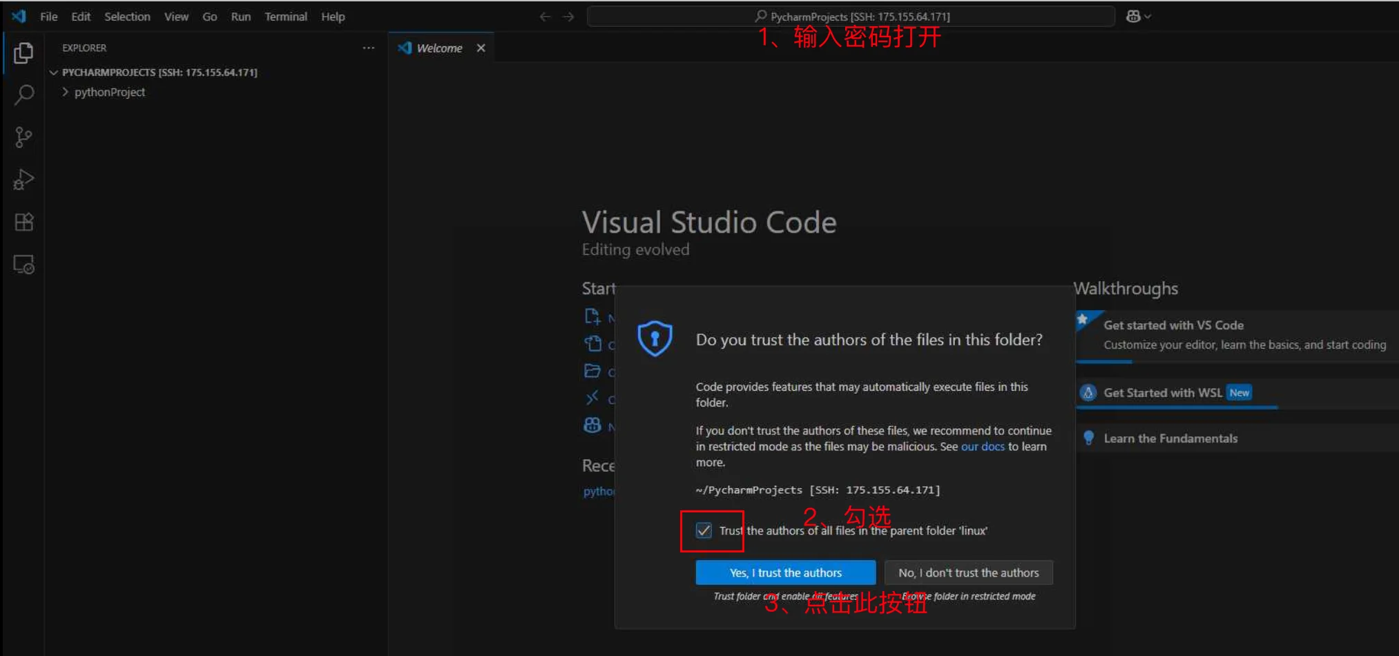 VSCode连接到云主机：添加服务器文件夹进行编辑和调试python代码（步骤 11）