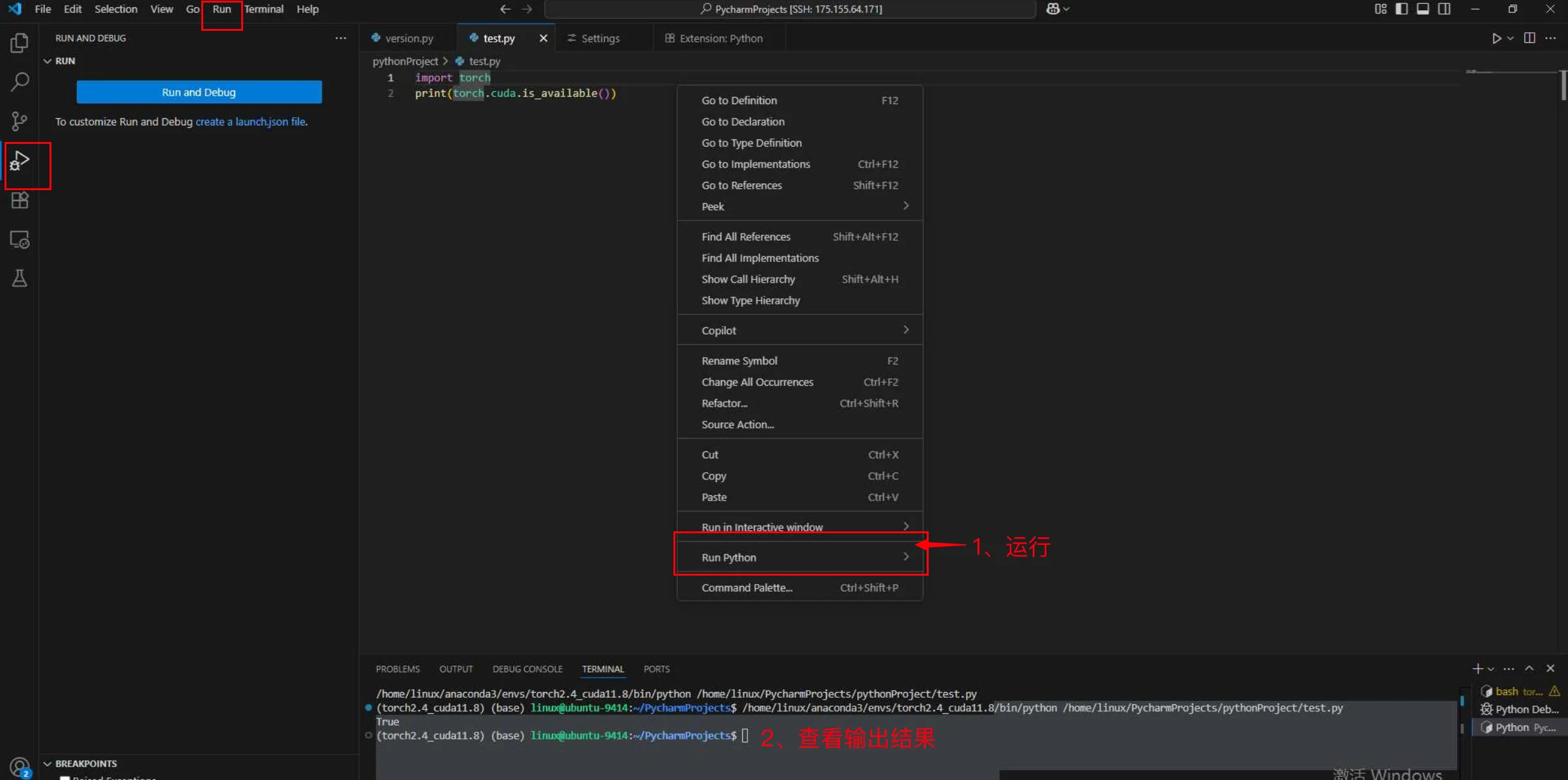 VSCode连接到云主机：运行测试代码，查看返回结果，检查环境和输出结果（步骤 16）